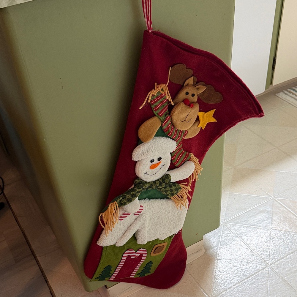 Festive Red Christmas Stocking with Snowman and Reindeer